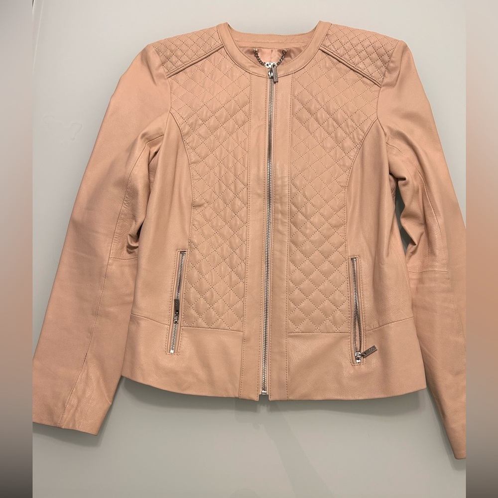 Cole Haan Blush Leather Quilted Zip Jacket Size S